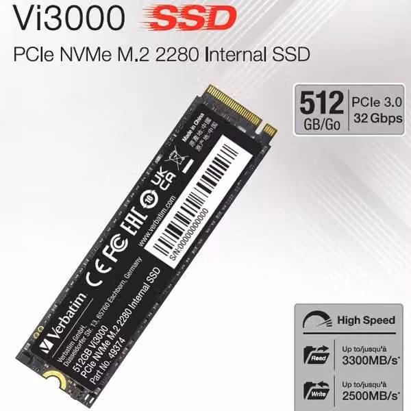 SSD Verbatim Vi3000 M.2 NVMe PCIe 3.0 da 512 GB Nero