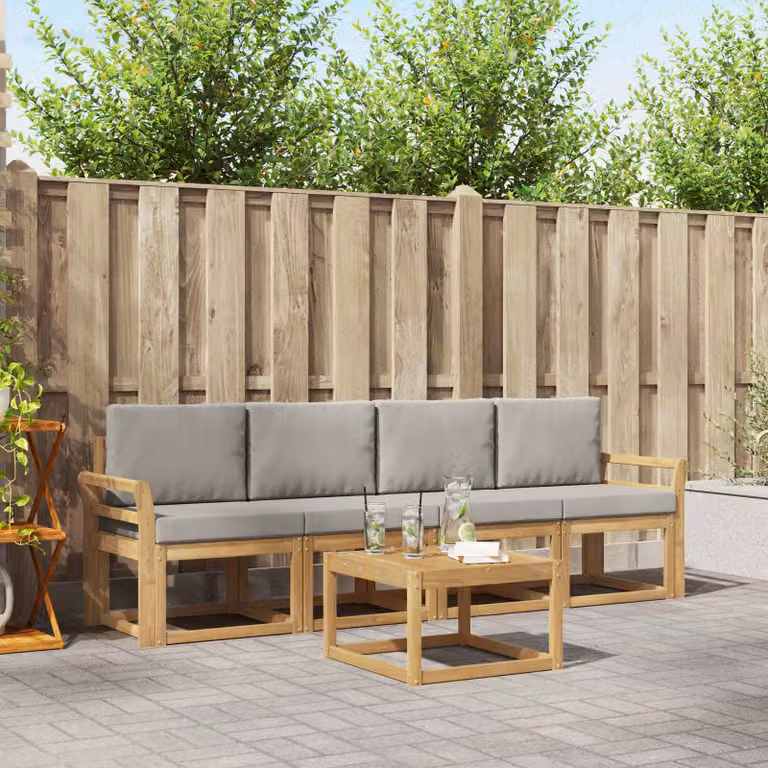 Set di divani da esterno vidaXL 5 pezzi in legno di acacia con cuscini bianchi e grigi per giardino e terrazza