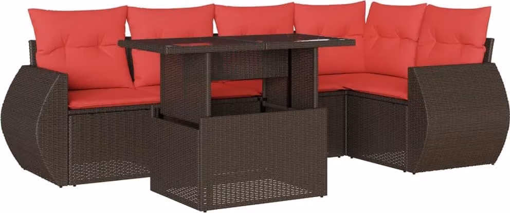 Set Divani da Giardino 6 pz con Cuscini Marrone in Polyrattan