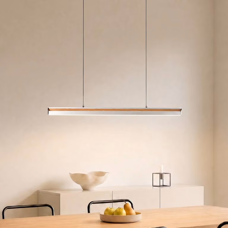 Lampada LED a sospensione Lucande Lutana, nichel/colore legno, 101 cm Lutana Lucande, dimmerabile, Legno chiaro, Soggiorno / Sala da pranzo, Metallo, Moderno