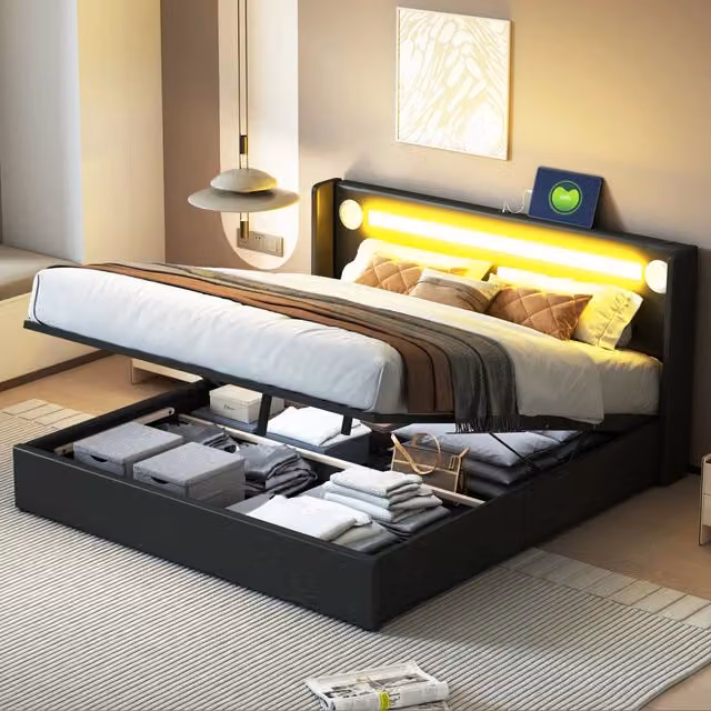 Letto contenitore matrimoniale 200×160 cm, luci LED, lettore Bluetooth e 2 porte USB, senza materasso, nero