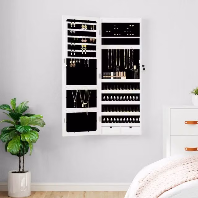 Armadio Portagioie Design Mania con Specchio e Luci LED Bianco, da Appendere a Parete