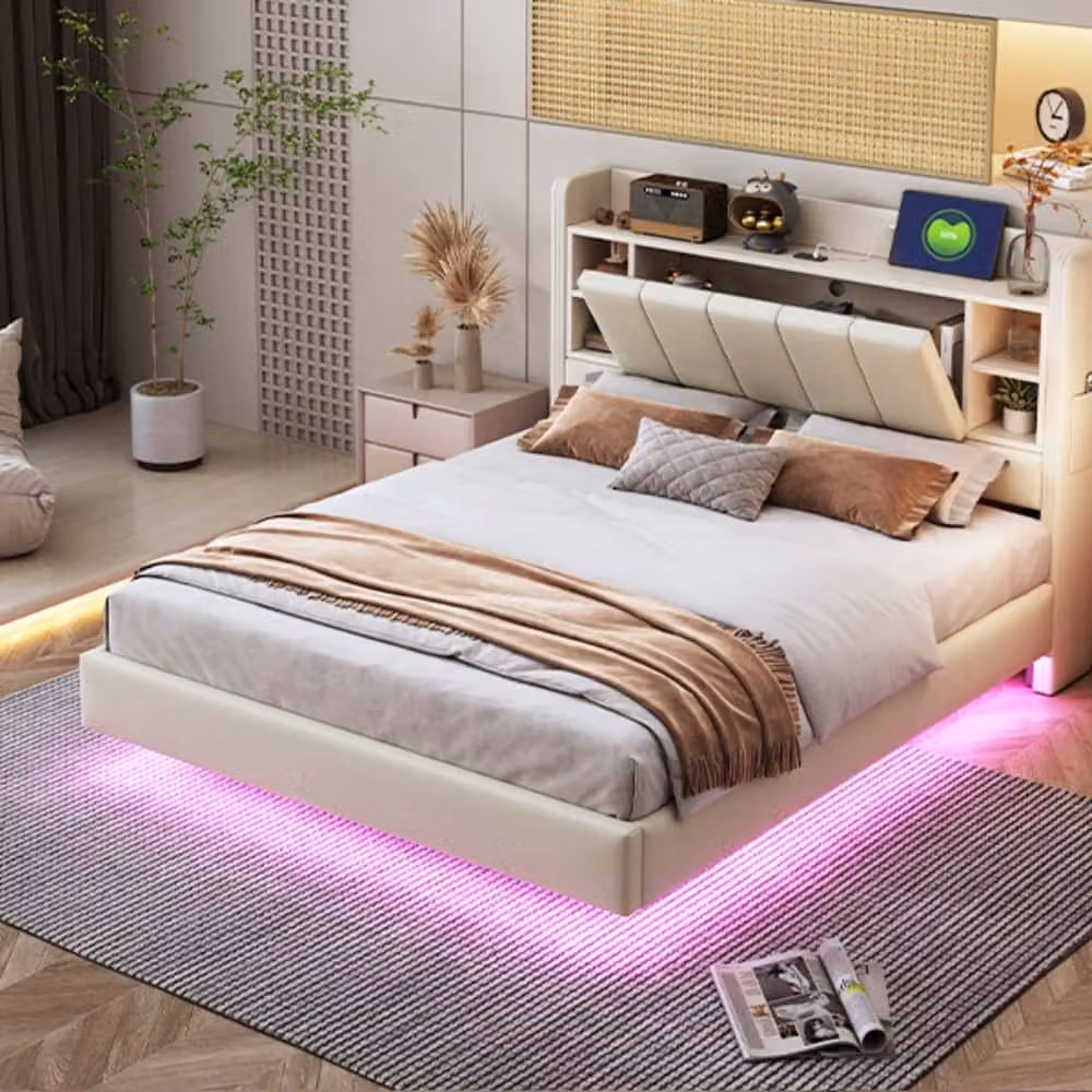 Letto imbottito AIORBER, 140 x 200 cm, con striscia LED, presa USB, con vano contenitore, struttura in metallo, tessuto di lino, testata reversibile, letto matrimoniale, beige