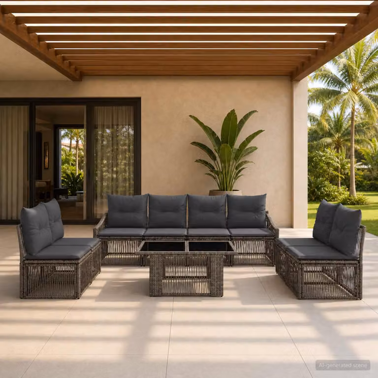 Set Divano da Giardino vidaXL in Polyrattan a Forma di U con Tavolino e Cuscini, Grigio e Antracite