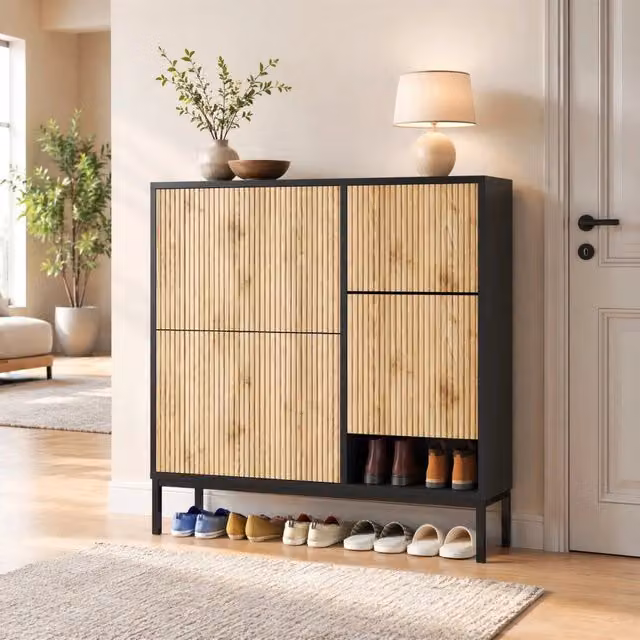Scarpiera Mivray con panca estraibile e vano aperto in MDF nero e marrone per ingresso e camera da letto L 100 cm, P 25 cm, H 100 cm
