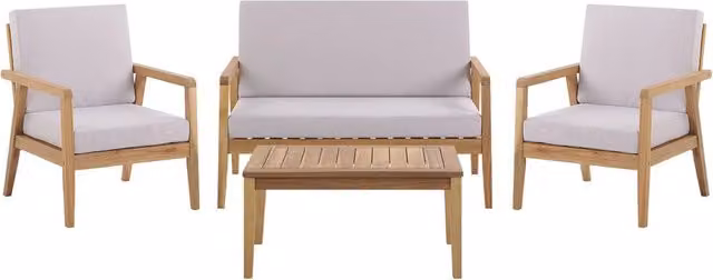 Set Conversazione da Giardino Beliani in Legno di Acacia con Divano a 2 Posti, Poltrone e Tavolino con Cuscini Taupe e Beige