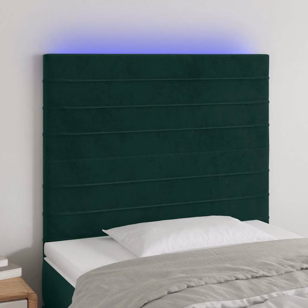 Testiera per letto vidaXL in velluto verde scuro con illuminazione LED integrata e porta di ricarica USB, L: 128 cm, H: 118 cm, P: 80 cm, Spessore: 5 cm