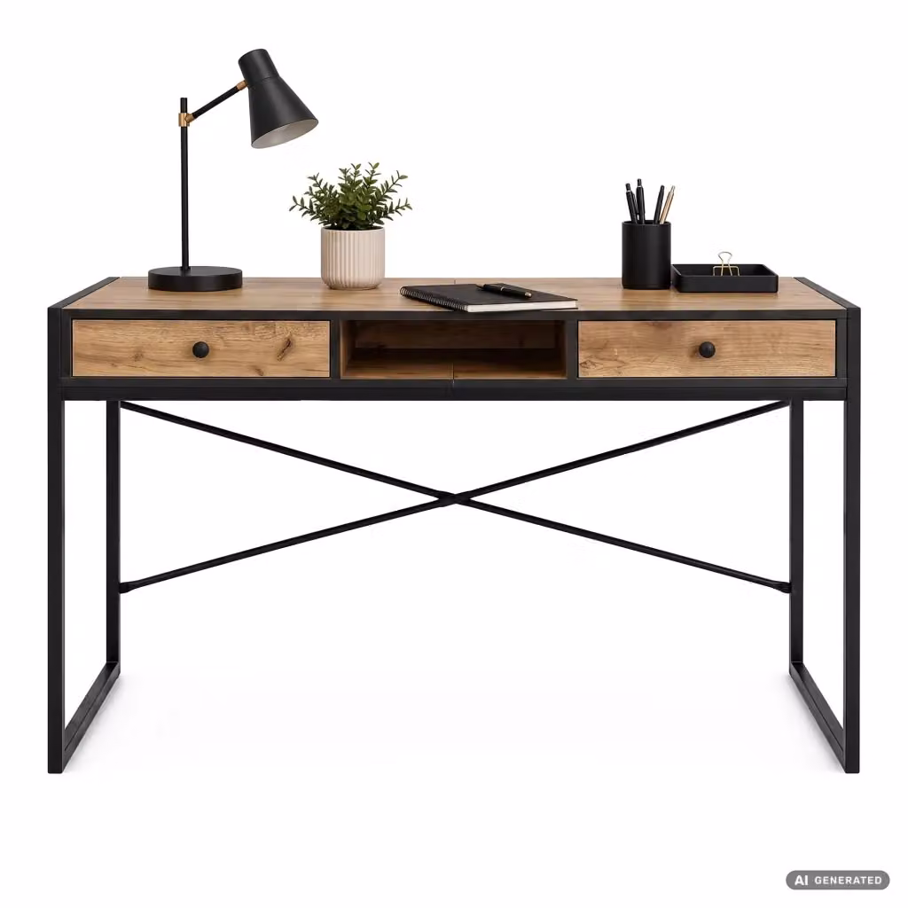 Scrivania da ufficio industriale AKORD FURNITURE FACTORY in MDF e metallo, colore marrone e nero, L: 123 cm, H: 80,5 cm, P: 48 cm – 2