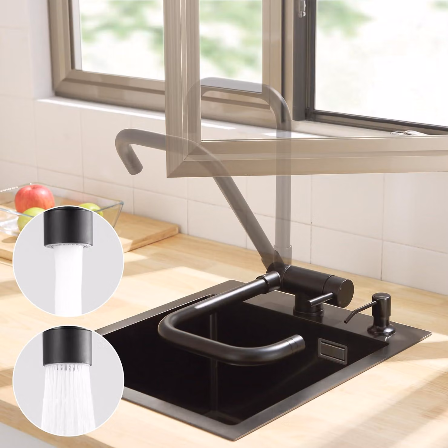 Miscelatore per cucina, orientabile, in ottone, con 2 getti, rotazione a 360°, adatto per l'installazione sotto il davanzale della finestra