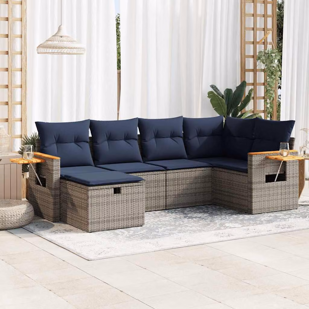 Set Divano da Giardino L-Shape vidaXL in Polyrattan Grigio con Cuscini e Ottoman per 6 Persone