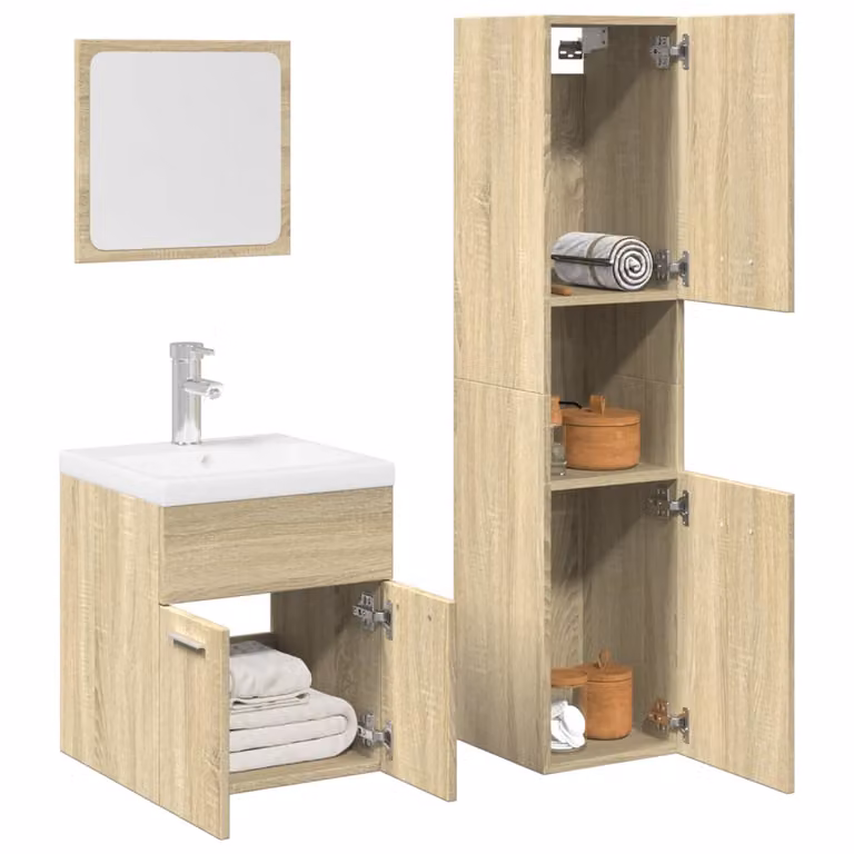 Set di mobili da bagno moderno vidaXL in legno multistrato color rovere sonoma, composto da 3 pezzi con base lavabo e pensile a parete, L/P/H: 76,7 x 46 x 41 cm