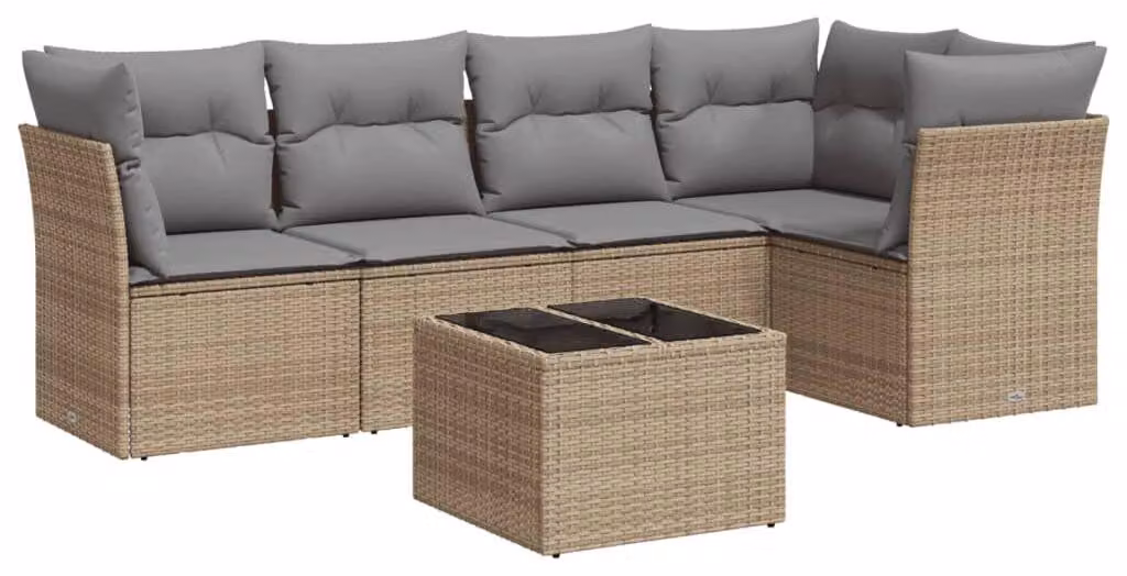 Set da salotto da esterno, 6 pezzi, color beige, in rattan sintetico, con 6 posti a sedere, completo di cuscini, ideale per l'arredamento del giardino