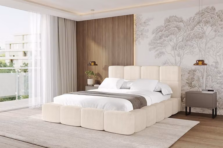 Letto imbottito ALTDECOR con contenitore - NATA 180x200 beige, letto con testiera, letto contenitore con materasso H3/H4, letto matrimoniale con contenitore