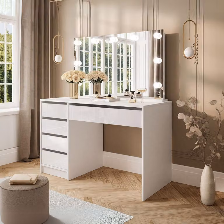 Toeletta trucco Elite bianca con specchio 5 cassetti e lampadine LED 120x55x142,6H