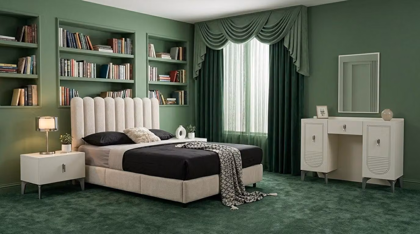 Set per camera da letto: letto, testiera, 2 comodini, cassettiera, design moderno, colore bianco