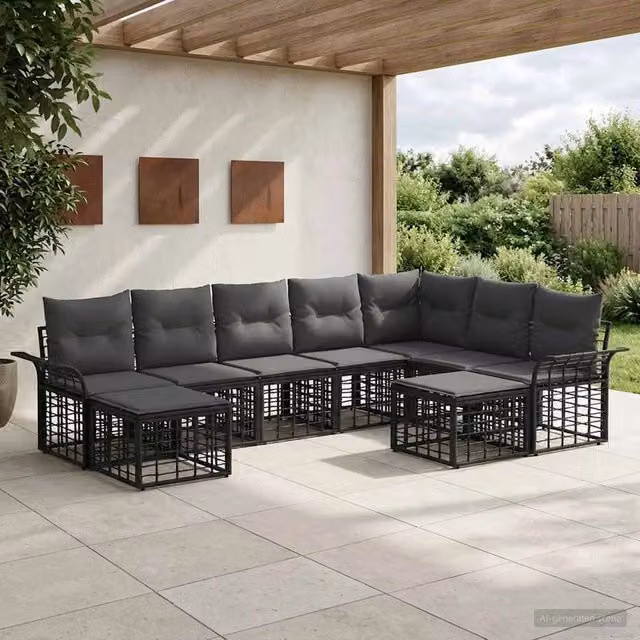 Set di divani da esterno 9 pz Nero e Grigio scuro Poliestere 3437813