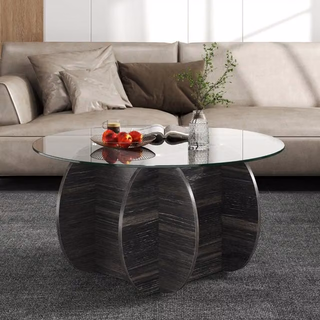 Tavolino da caffè rotondo moderno DESIGN IN con piano in vetro trasparente e base in legno di gomma marrone