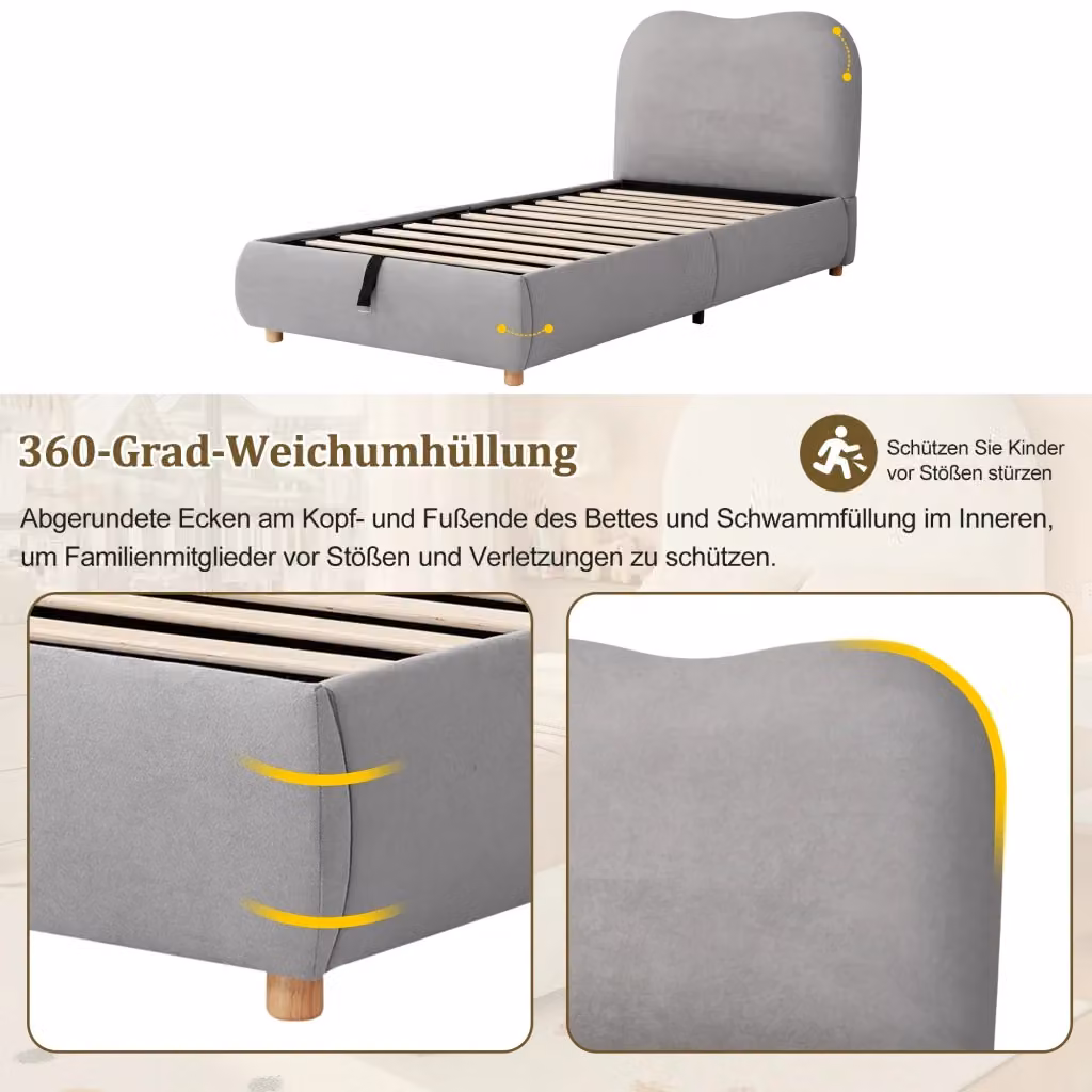 Letto imbottito per bambini REDOM in lino grigio con contenitore, L/P/H: 90 x 200 cm – 2