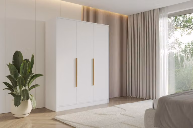 ALTDECOR Armadio PERE - 150x200x51 Bianco Armadio multiuso con moderni frontali lisci e maniglie dorate