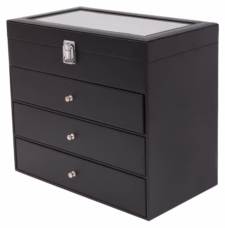Contenitore portaoggetti - Organizer a 4 ripiani - Coperchio in vetro - Materiale in fibra di carbonio e poliuretano resistente all'umidità - Cuscino estraibile - Dimensioni: 33,5 x 19 x 29,5 cm - Ideale per la casa e per i viaggi