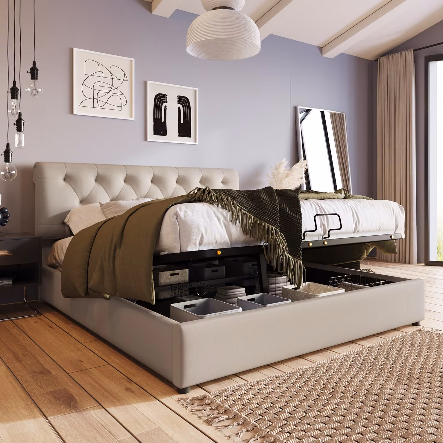 Letto Merax a molle idrauliche 140x200cm imbottito con rete, rete a doghe e contenitore, struttura in metallo e testata regolabile, letto matrimoniale in lino, colore naturale