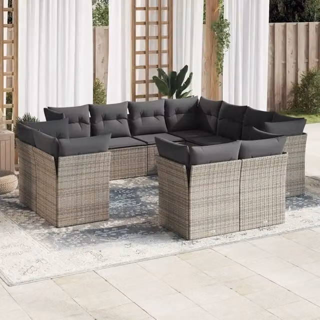Set di Divani da Giardino VIDAXL a Forma di U in Polyrattan Grigio con Cuscini, 11 Pezzi