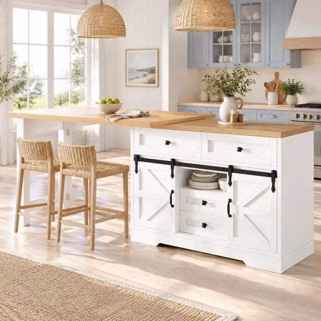 Isola cucina ULEVR 120-197x40x72 cm con tavolo estraibile girevole e mobile laterale con cassetti nascosti