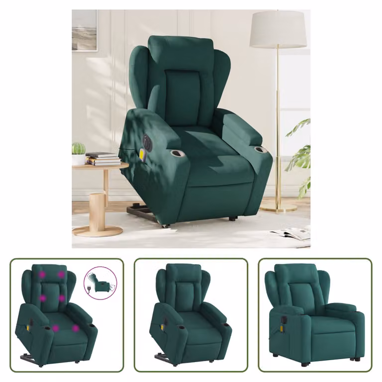 The Living Store Poltrona massaggiante elettrica con ausilio per la posizione eretta Tessuto verde scuro