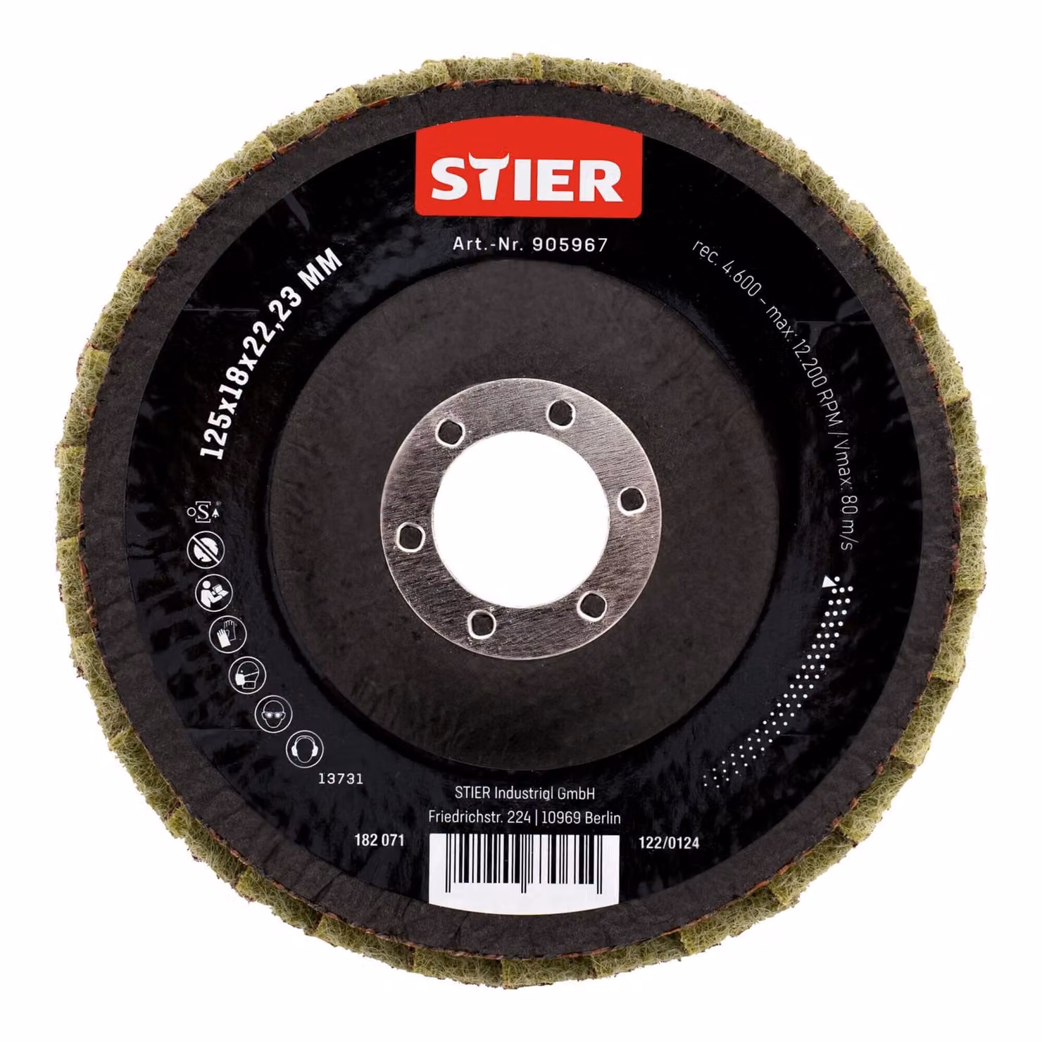 Dischi abrasivi a ventaglio STIER, 125 x 18 x 22,23 mm, grossolani, 5 pezzi, levigatura a freddo, 12.200 giri/min, per acciaio inossidabile