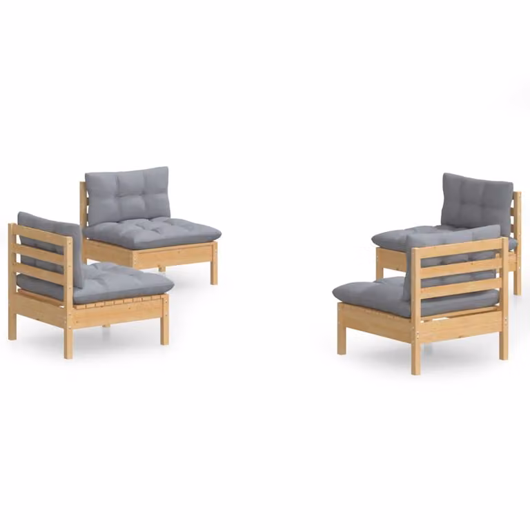 Set Divani da Giardino 4 pz con Cuscini Grigi Massello di Pino