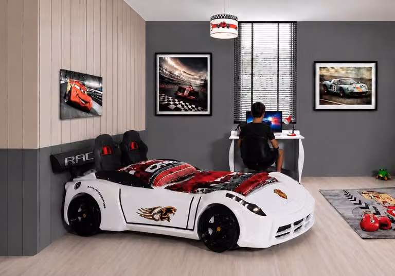 Letto a forma di auto da corsa, design racing, colore bianco, ideale per bambini