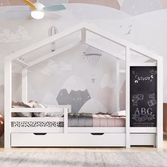 Letto a casa in legno massello bianco con lavagna e 2 cassetti 90x200 cm