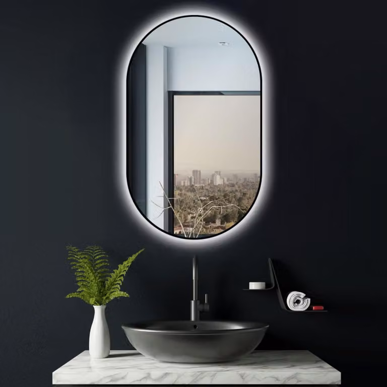 Specchio da bagno ovale con illuminazione a LED, 75x45 cm, nero, antiappannamento