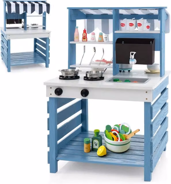 Cucina giocattolo in legno 2 in 1 HELLOSHOP26 con lavello e rubinetto, set da gioco moderno blu e bianco, L 58 cm x P 56 cm x H 87 cm