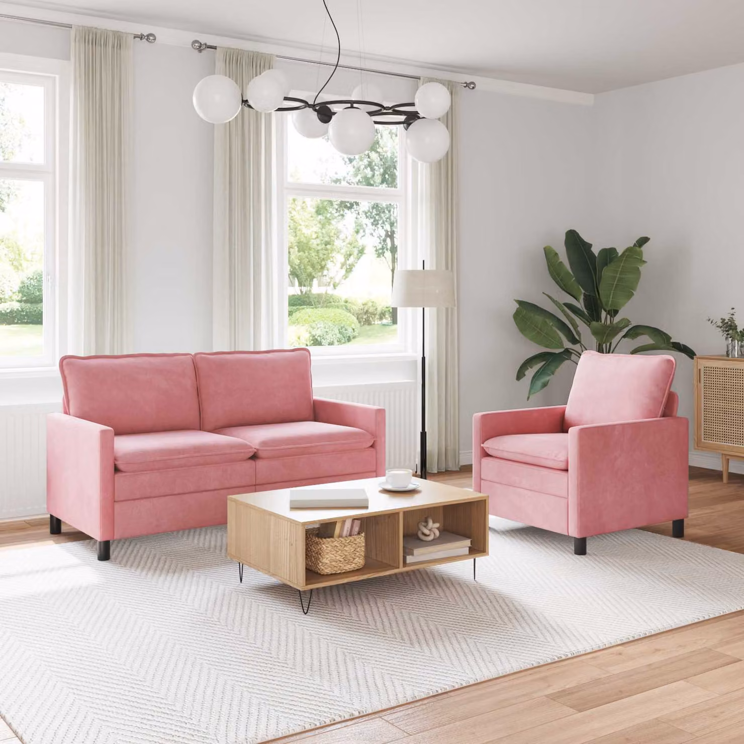 Set di 2 divani moderni vidaXL in velluto rosa con cuscini e coperture rimovibili