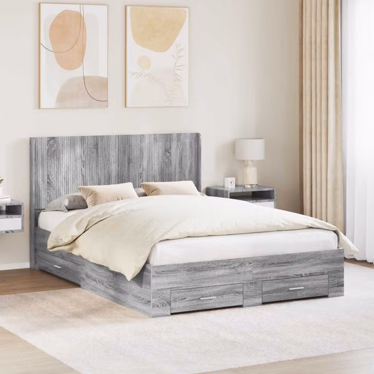 Struttura letto con stoccaggio e testata vidaXL, colore grigio, L/P/H: 140 x 200 x 146,5 cm