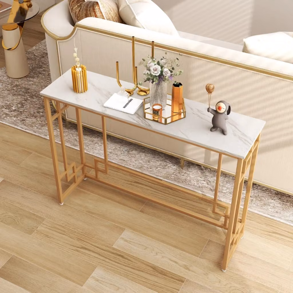 Tavolo consolle Design Mania moderno con piano effetto marmo bianco lucido e cornice geometrica dorata, L: 110 cm, P: 30 cm, H: 81 cm – 2