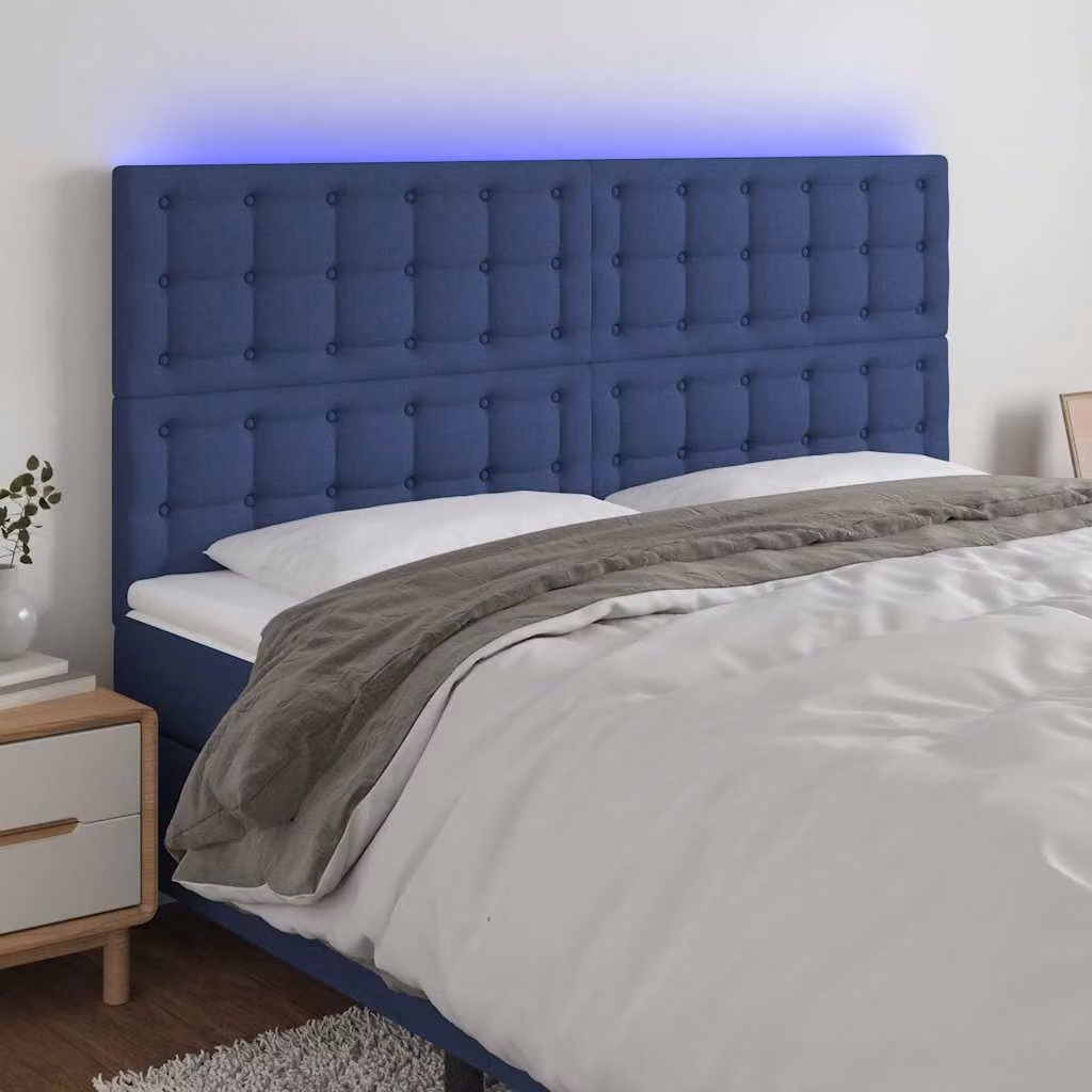 Testiera per letto vidaXL in tessuto blu con illuminazione LED integrata e porta di ricarica USB, L: 180 cm, P: 5 cm, H: 118-128 cm