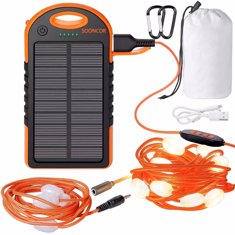 Catena luminosa solare, alimentazione USB, 9 metri, 17 LED, 7 modalità, ideale per campeggio e tende