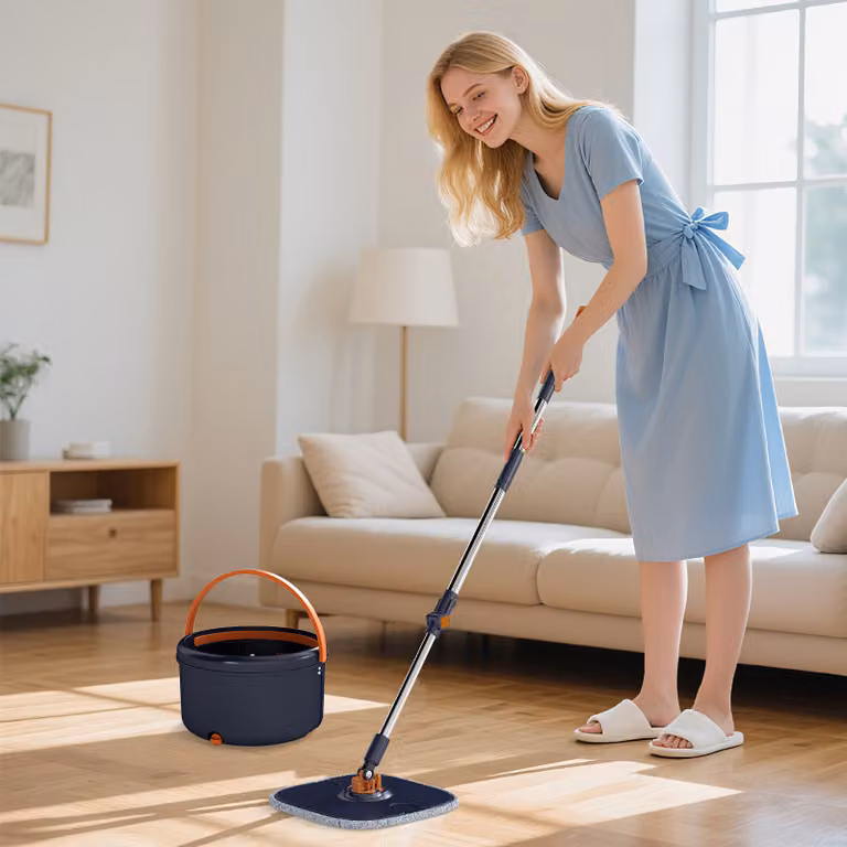 Set mocio piatto e secchio con strizzatore Costway, colore blu, con 2 testine ricaricabili e 9 panni in microfibra per pulizia a umido e asciutto