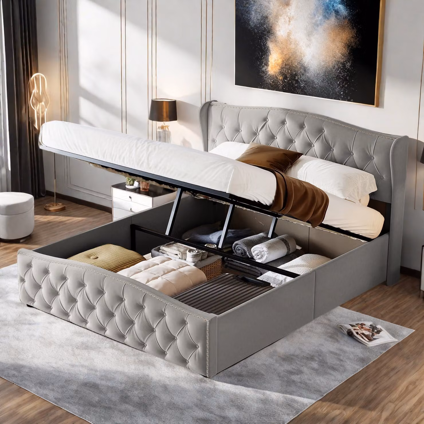 Letto matrimoniale imbottito 140x200cm letto a molle insacchettate letto in legno massiccio con rete a doghe e contenitore, letto funzionale letto contenitore in velluto, grigio