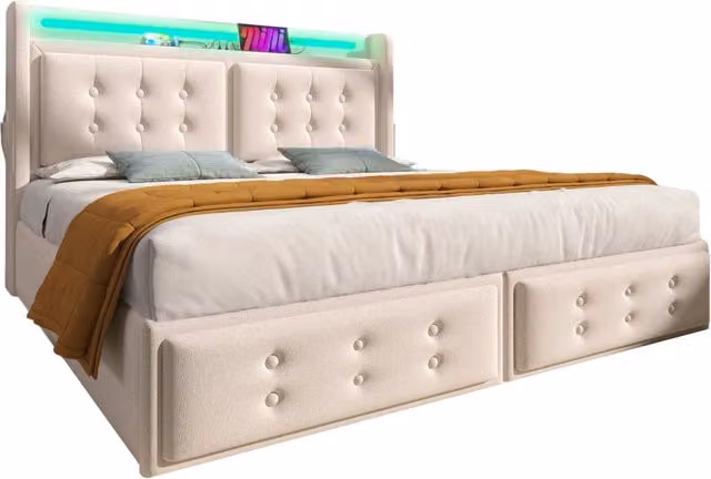 Letto matrimoniale 160×200 cm 2 posti con 4 cassetti, LED regolabile, porte USB e di tipo C, materasso incluso, beige