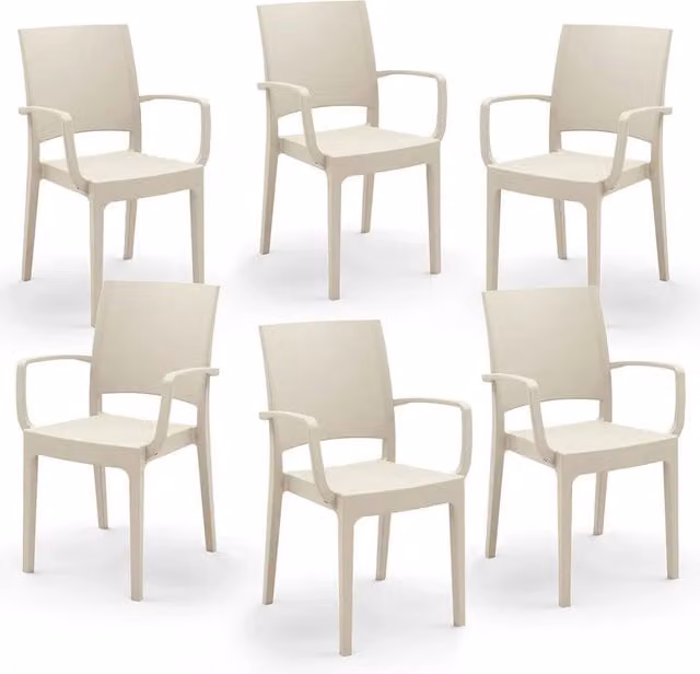 Set 6 sedie con braccioli in polipropilene FLORA, MADE IN ITALY, impilabile, resistente ai raggi UV, design moderno, ideale per interno ed esterno, colore Corda