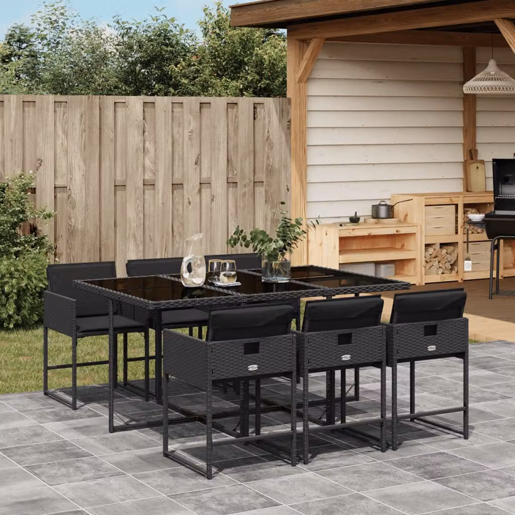 Set da pranzo da giardino vidaXL in polyrattan nero con tavolo in vetro e 7 pezzi