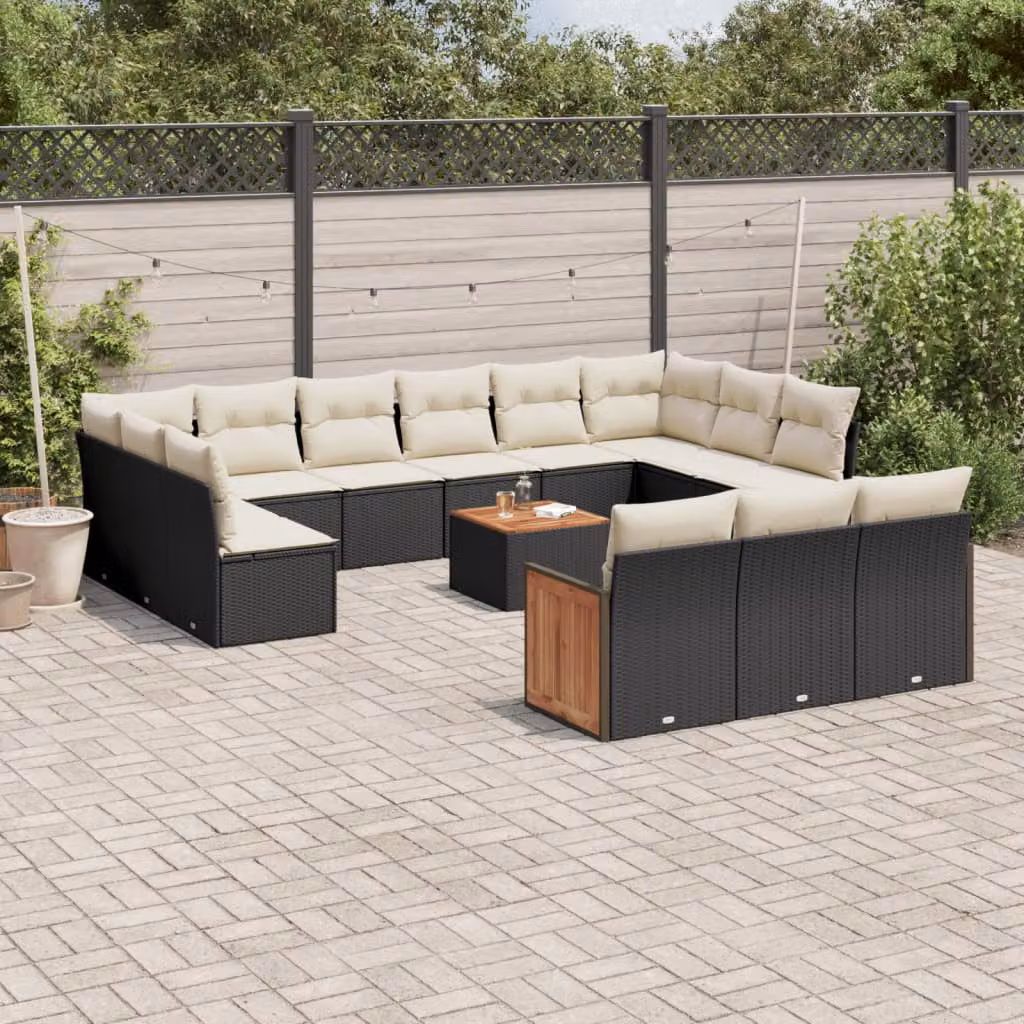 vidaXL Set Divani da Giardino a L in Polyrattan Nero con Cuscini e Tavolino da Esterno – 1