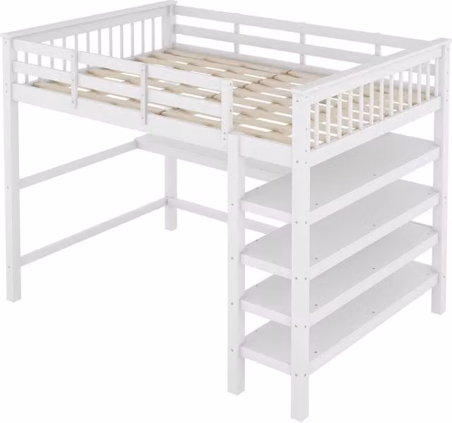 Letto a soppalco per bambini 140x200 cm con scrivania e ripiani, senza materasso, bianco