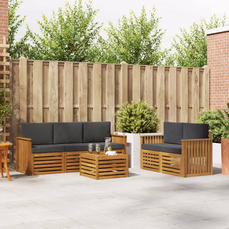 Set di divani da esterno vidaXL a forma di L composto da 6 pezzi in legno di acacia con cuscini, colori beige e antracite