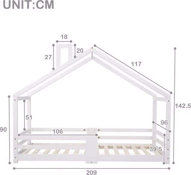 Letto a Casetta per Bambini con Doghe e Protezione ¨C MINIMAL ¨C Pino Bianco 90x200