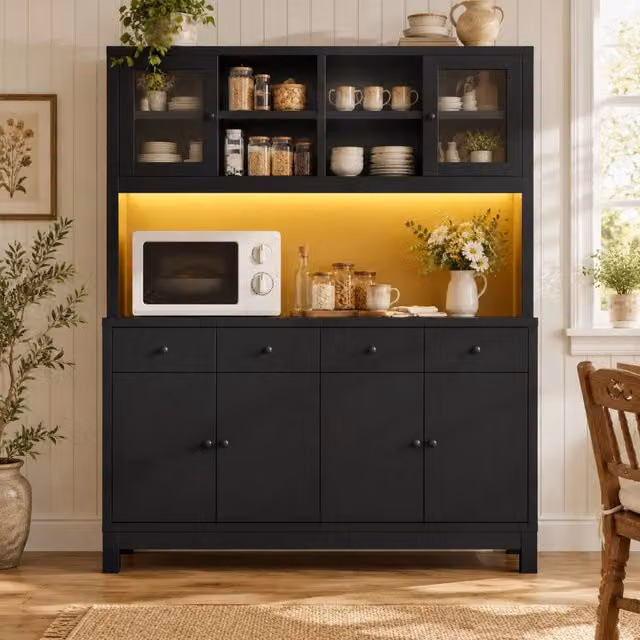 Buffet alto 140x38,5x180 cm con LED RGB controllate via app, ante in vetro, 4 cassetti e ripiani regolabili, nero