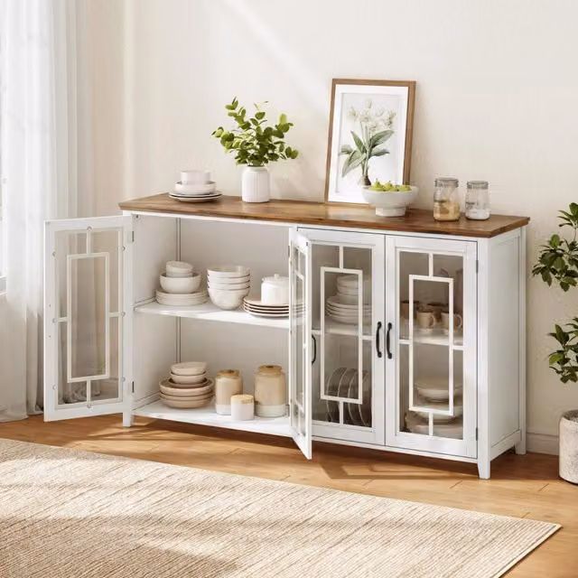 Credenza moderna bianca con ante in vetro e piano effetto legno L: 160 cm, P: 40 cm, H: 86 cm